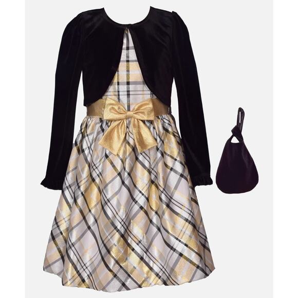 Girls Sz 8 Black Gold Holiday Party Dress Velour Jacket & Purse Set Bow Formal - Picture 1 of 8